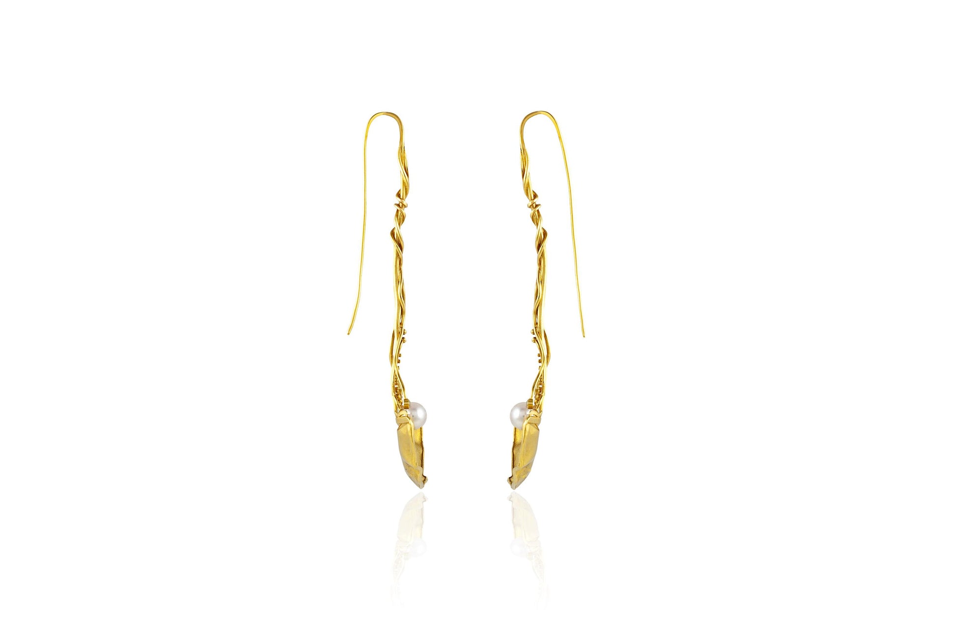 Vintage 1990s Gold Ginkgo Dangle Earrings with Pearls and Diamonds