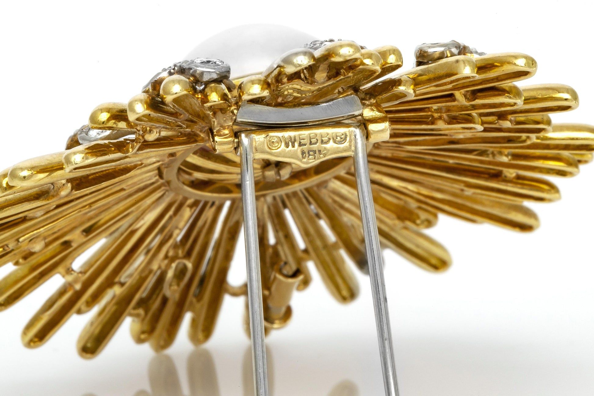 Vintage 1960s David Webb Gold and Pearl Sun Brooch with Diamond Hearts