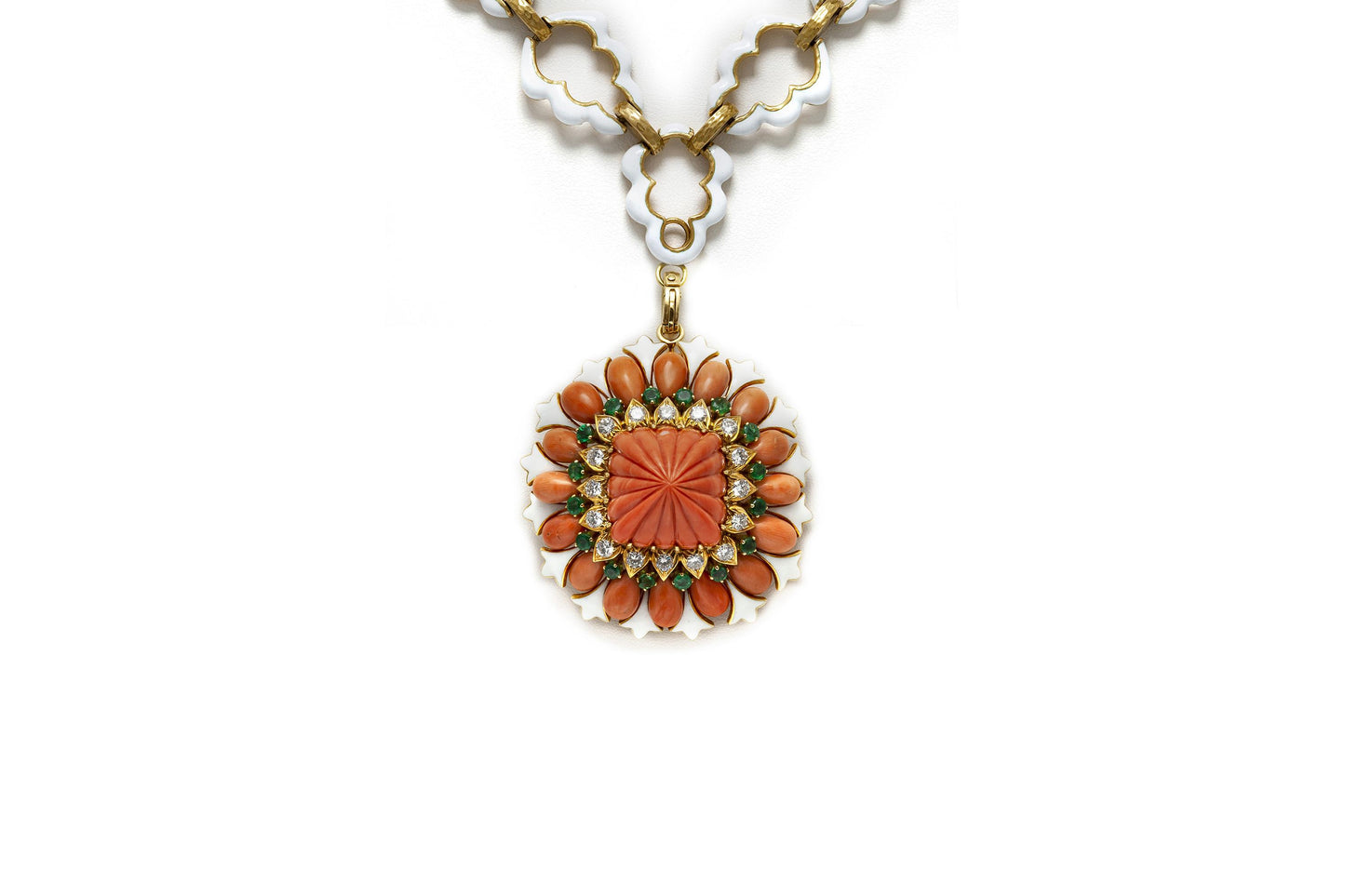 Vintage 1960s David Webb Carved Coral Brooch Pendant Sautoir Necklace