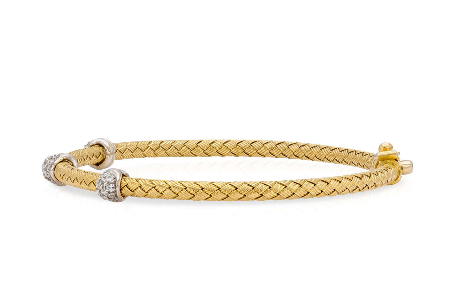 18K Woven Gold Bangle Bracelet with Diamonds