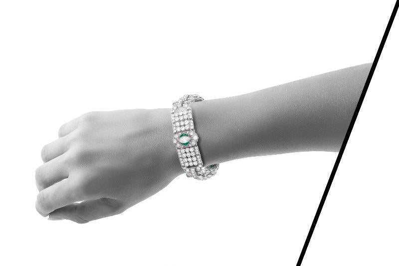 Antique Art Deco 1930s 15.00 Carat Diamond Bracelet with Emeralds