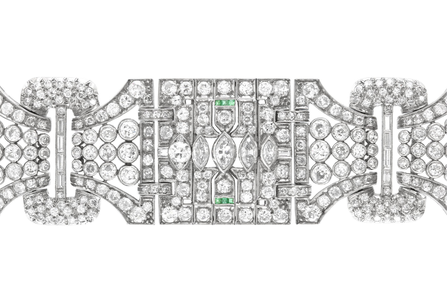 Antique Art Deco 1930s 48.00 Carat Diamond Wide Bracelet with Emeralds