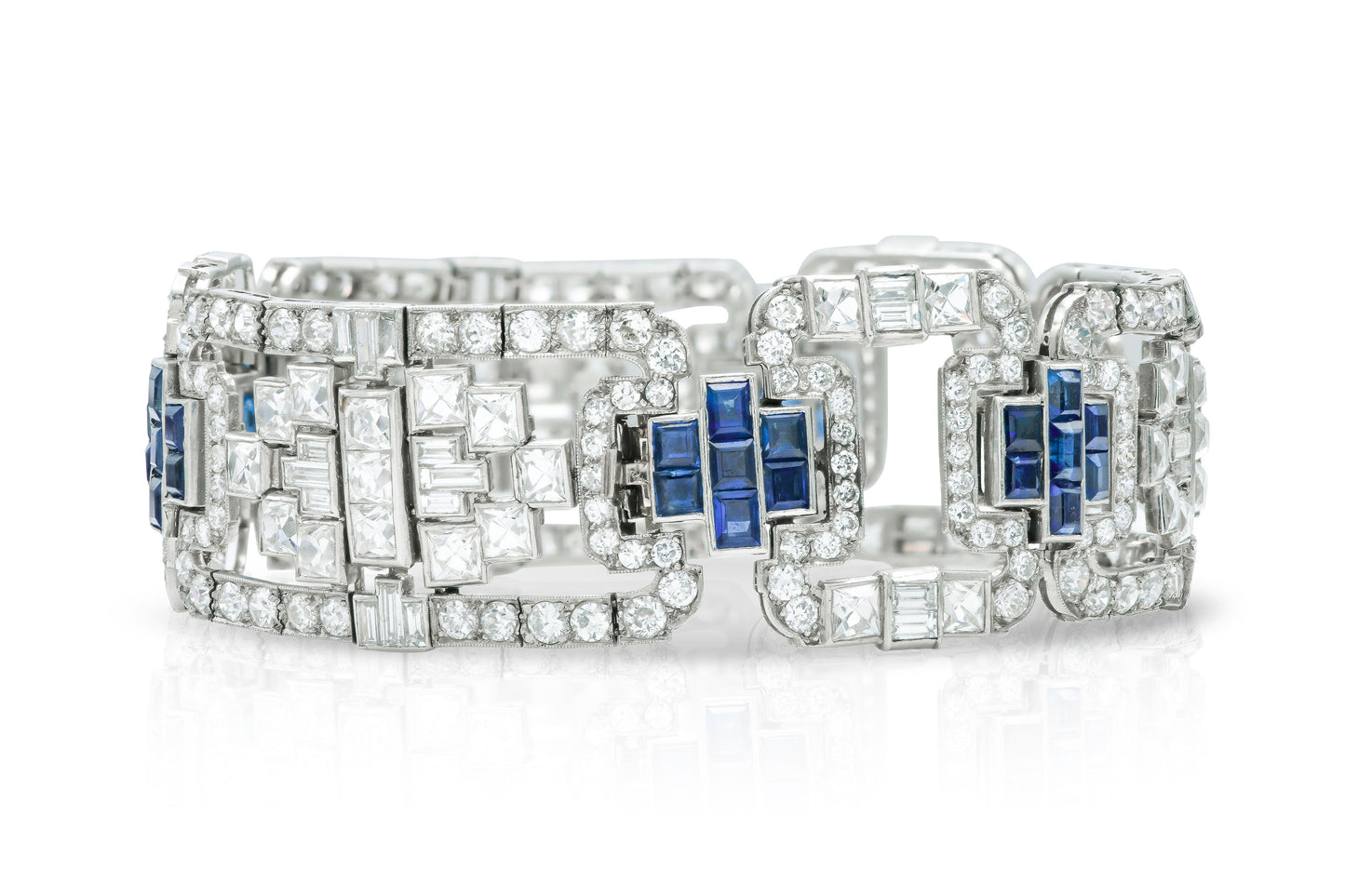 Antique Art Deco 1930s 30.00 Carat Diamond and Sapphire Openwork Bracelet