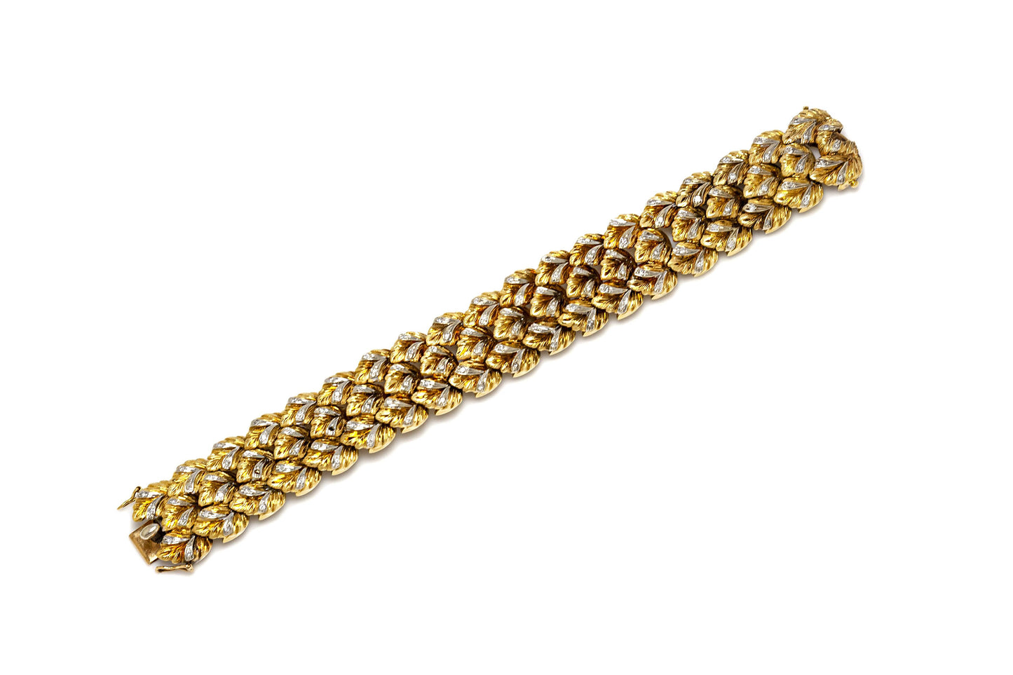 Vintage 1950s Gold Leaf Link Bracelet with Diamonds