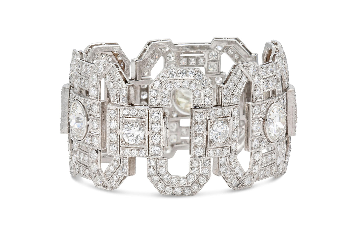 Antique Art Deco 1930s 74.45 carat Old European Cut Diamond Wide Bracelet