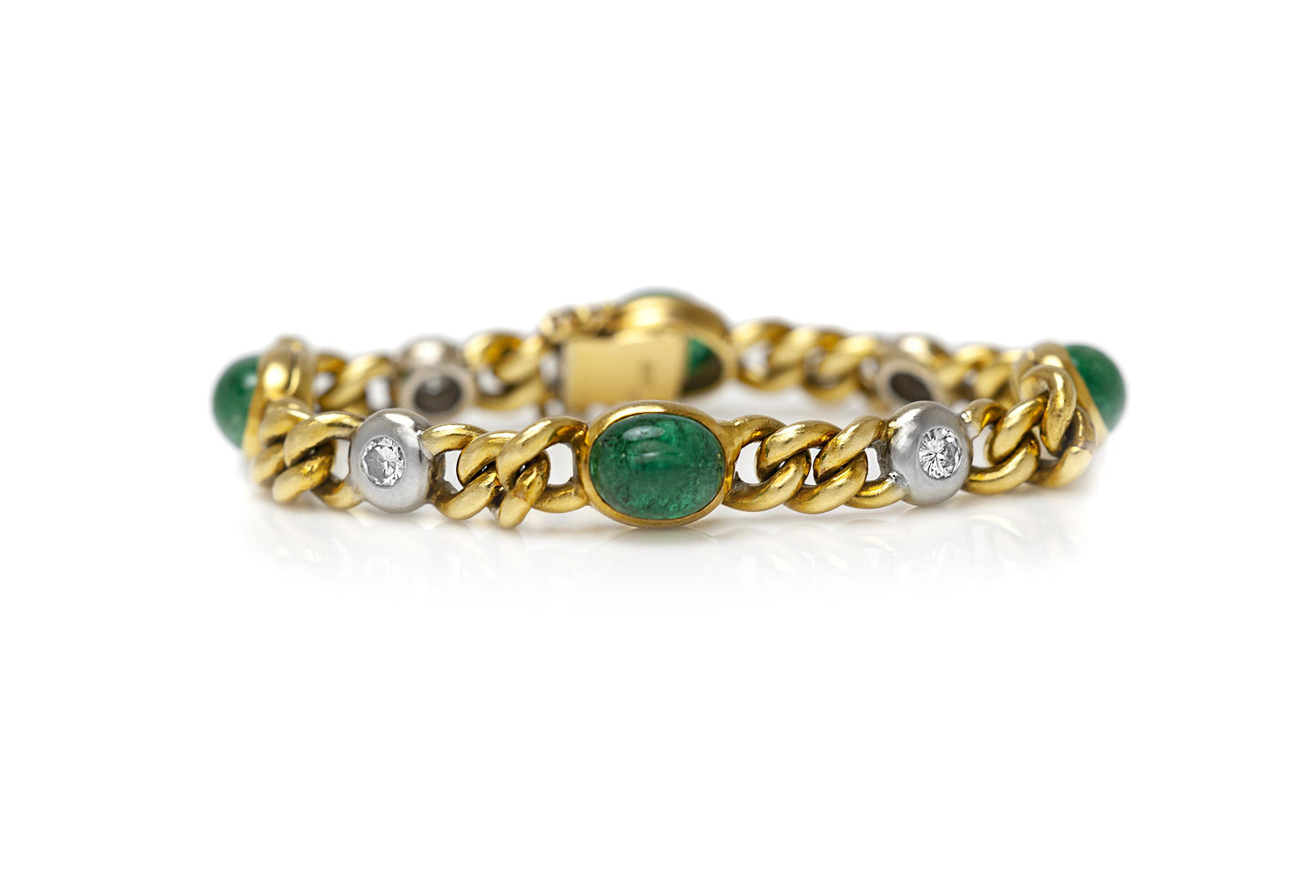 Vintage 1980s 15.00 Carat Cabochon Emeralds Gold Link Bracelet with Diamonds