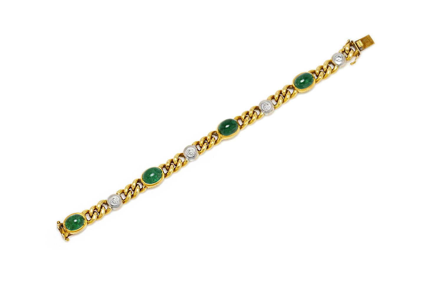 Vintage 1980s 15.00 Carat Cabochon Emeralds Gold Link Bracelet with Diamonds