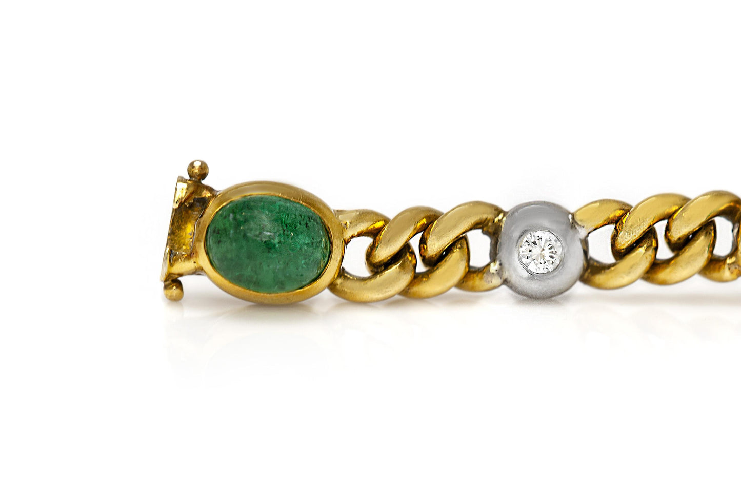 Vintage 1980s 15.00 Carat Cabochon Emeralds Gold Link Bracelet with Diamonds