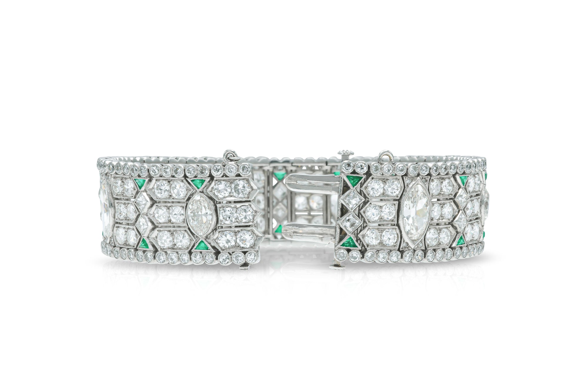 Antique Art Deco 1930s 31.00 Carat Diamond Bracelet with Emeralds