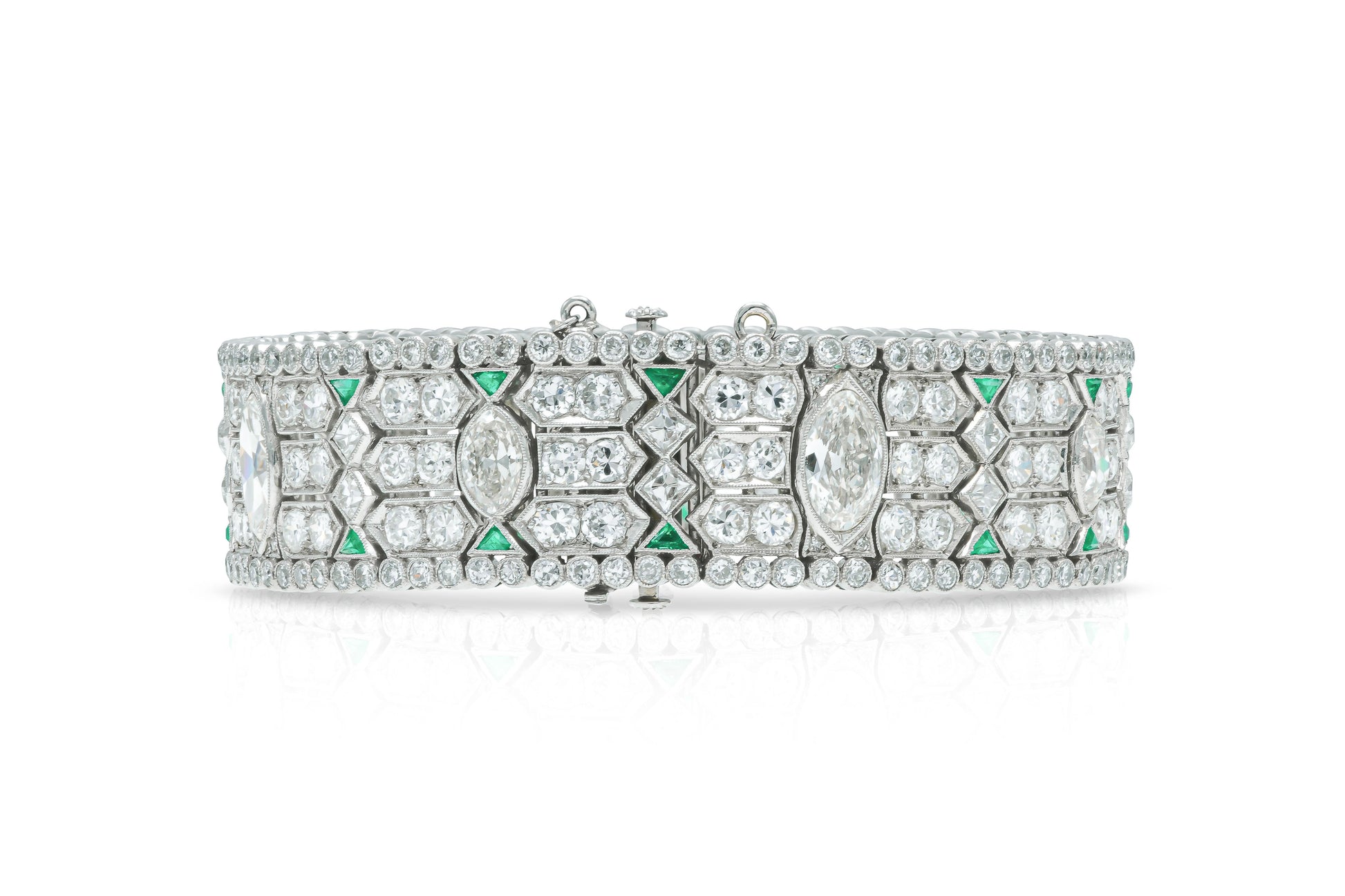 Antique Art Deco 1930s 31.00 Carat Diamond Bracelet with Emeralds