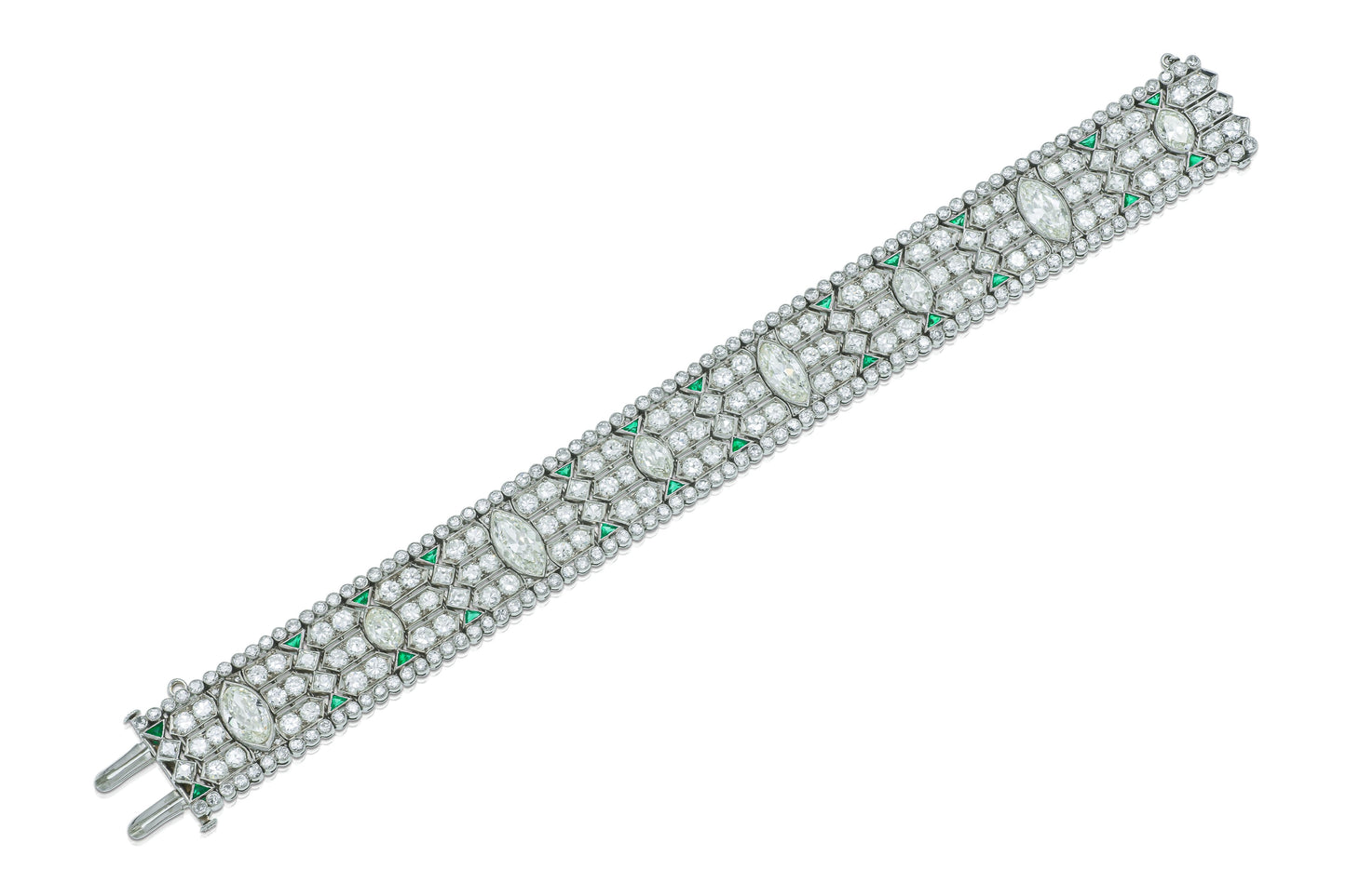 Antique Art Deco 1930s 31.00 Carat Diamond Bracelet with Emeralds