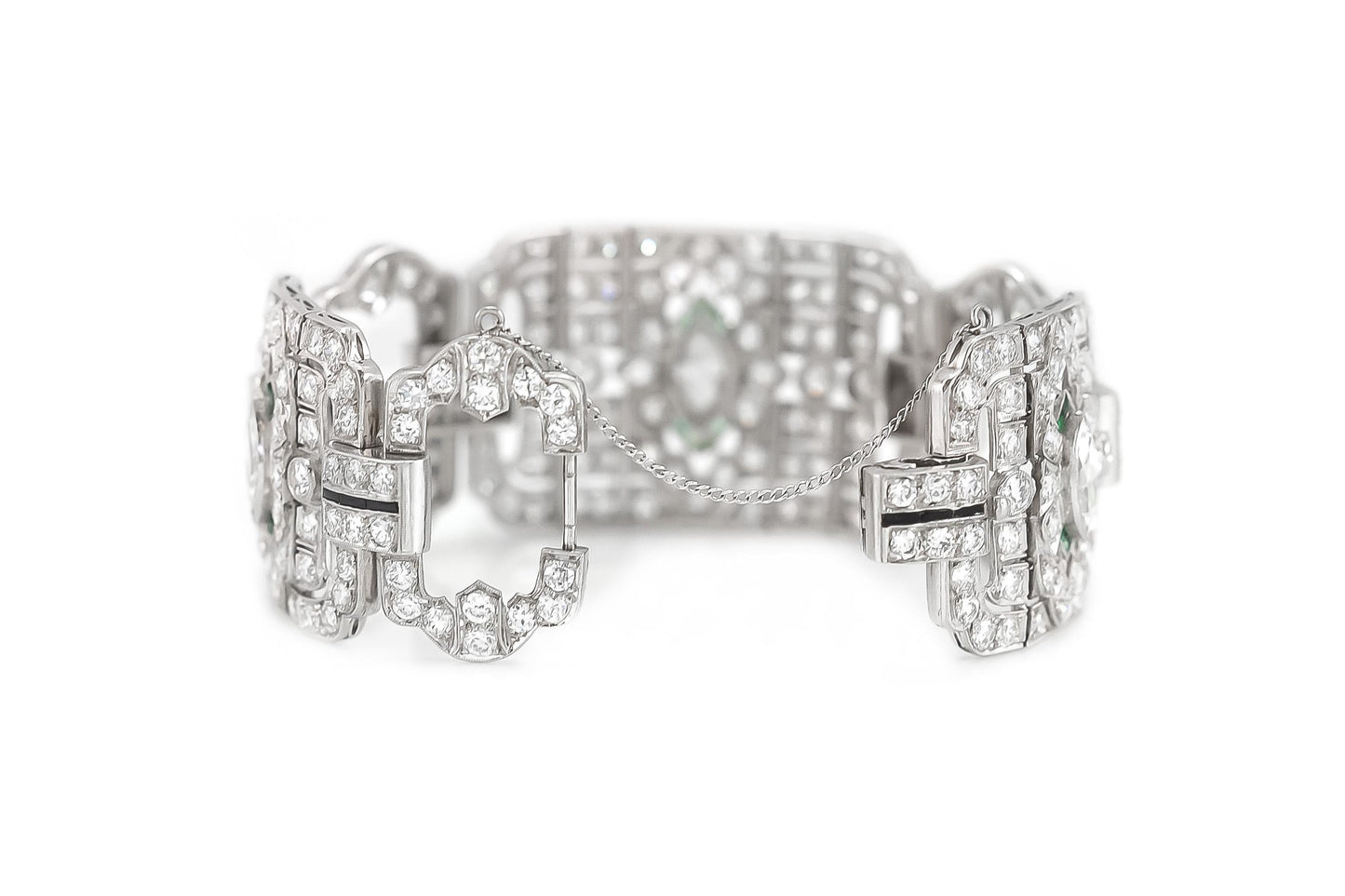 Antique Art Deco 1930s 22.00 Carat Diamond Wide Bracelet with Emerald and Onyx