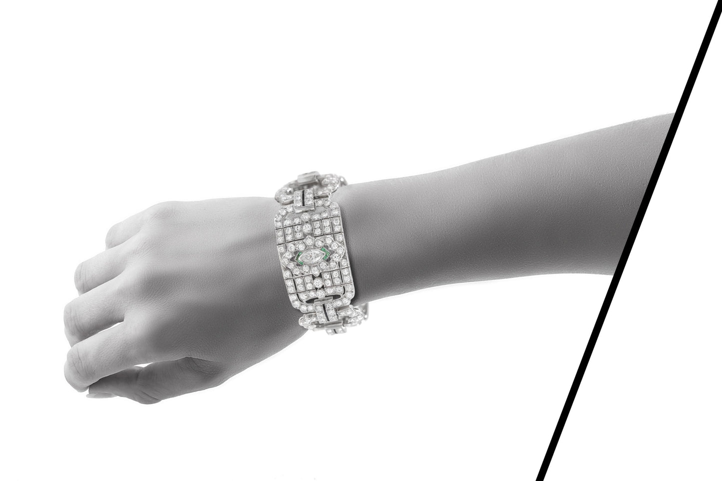 Antique Art Deco 1930s 22.00 Carat Diamond Wide Bracelet with Emerald and Onyx