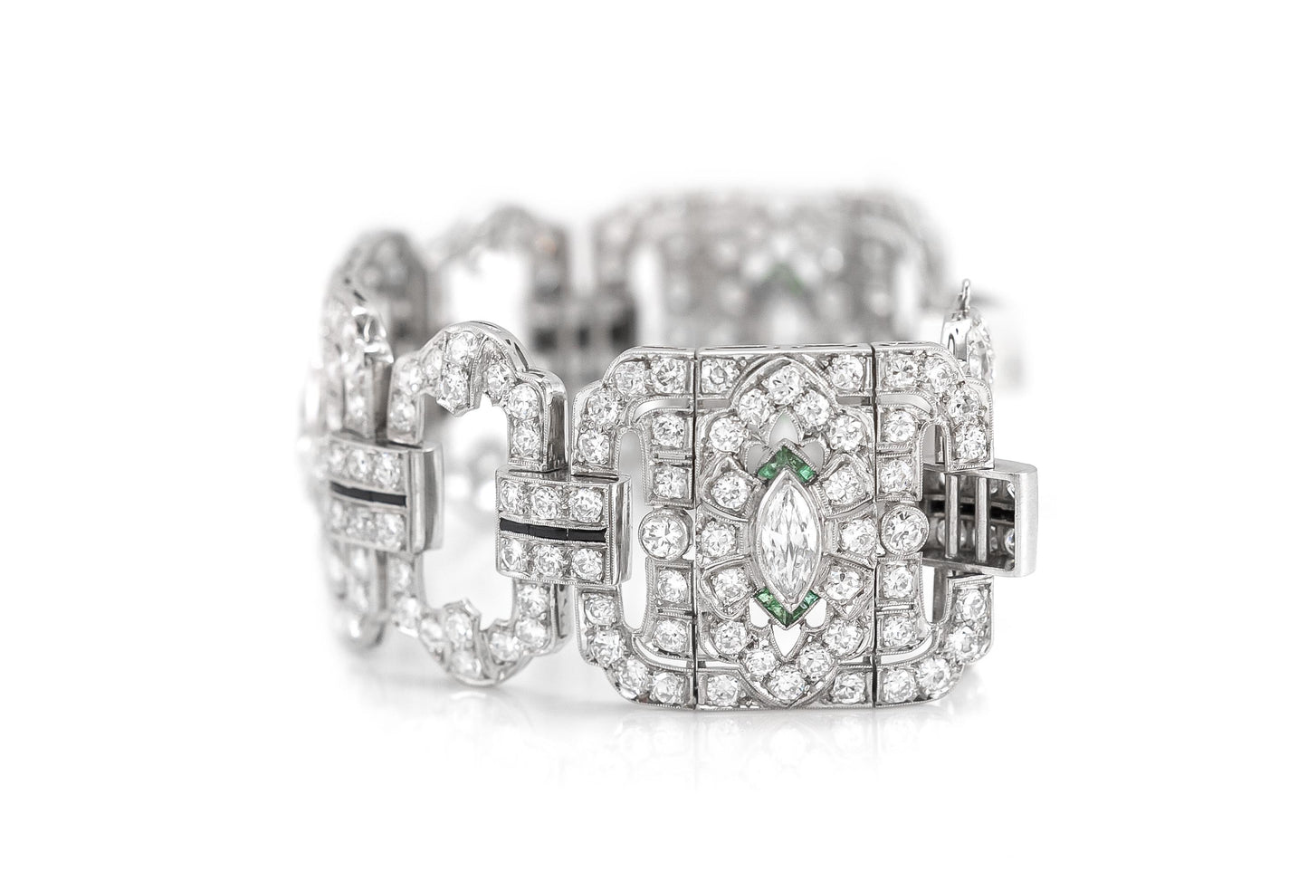 Antique Art Deco 1930s 22.00 Carat Diamond Wide Bracelet with Emerald and Onyx