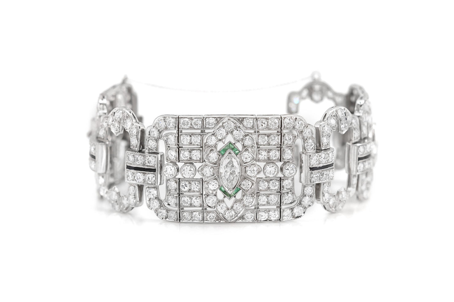 Antique Art Deco 1930s 22.00 Carat Diamond Wide Bracelet with Emerald and Onyx