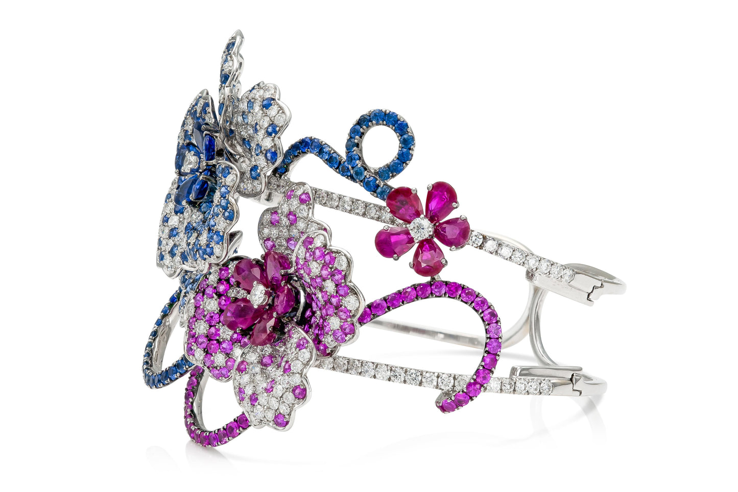Graff Diamond Ruby and Sapphire Flower Cuff Bracelet
