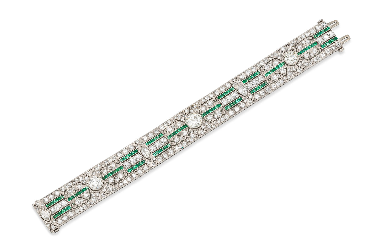 Antique Art Deco 1920s 34.50 Carat Diamond Bracelet with Emeralds
