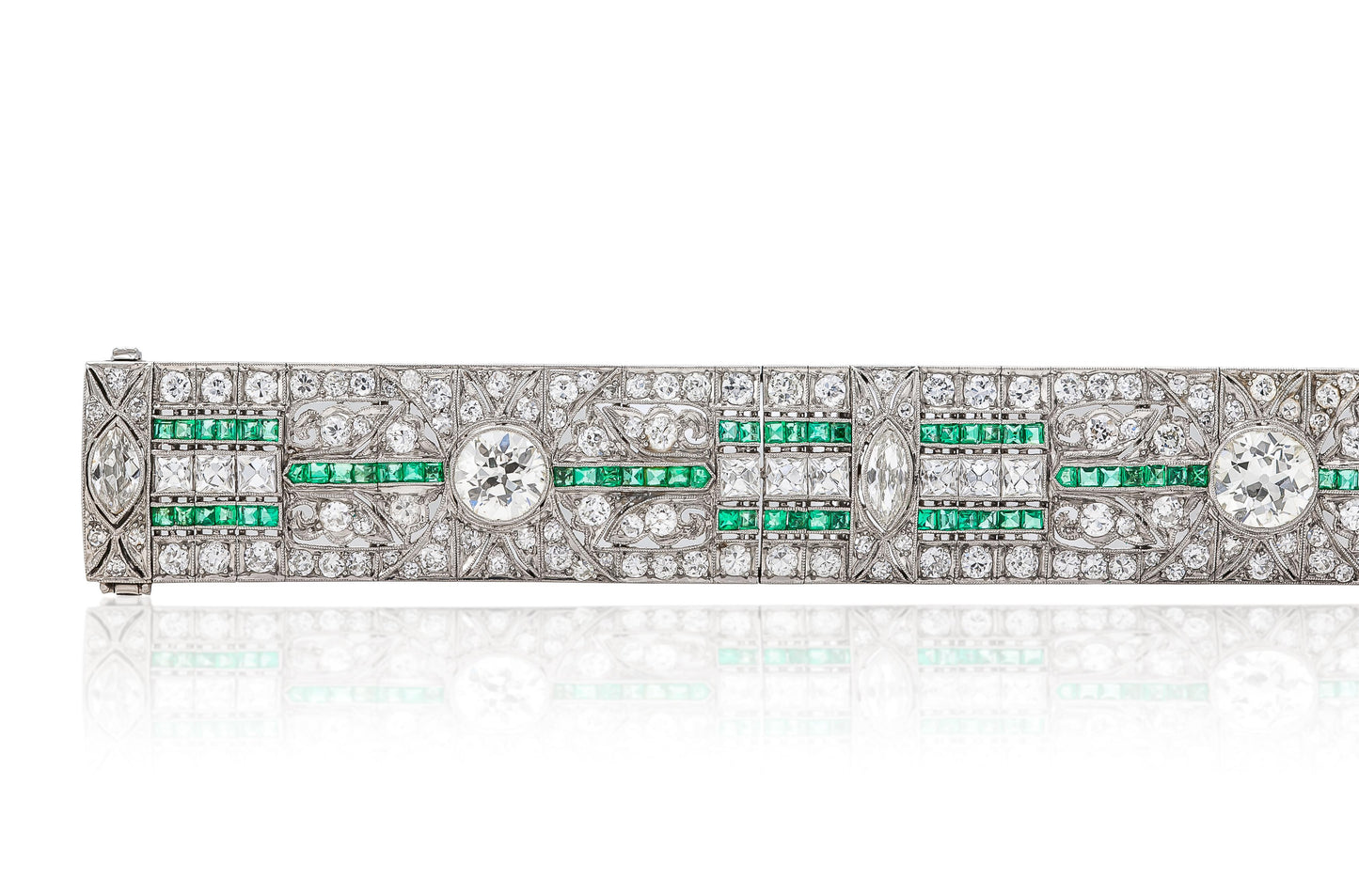 Antique Art Deco 1920s 34.50 Carat Diamond Bracelet with Emeralds