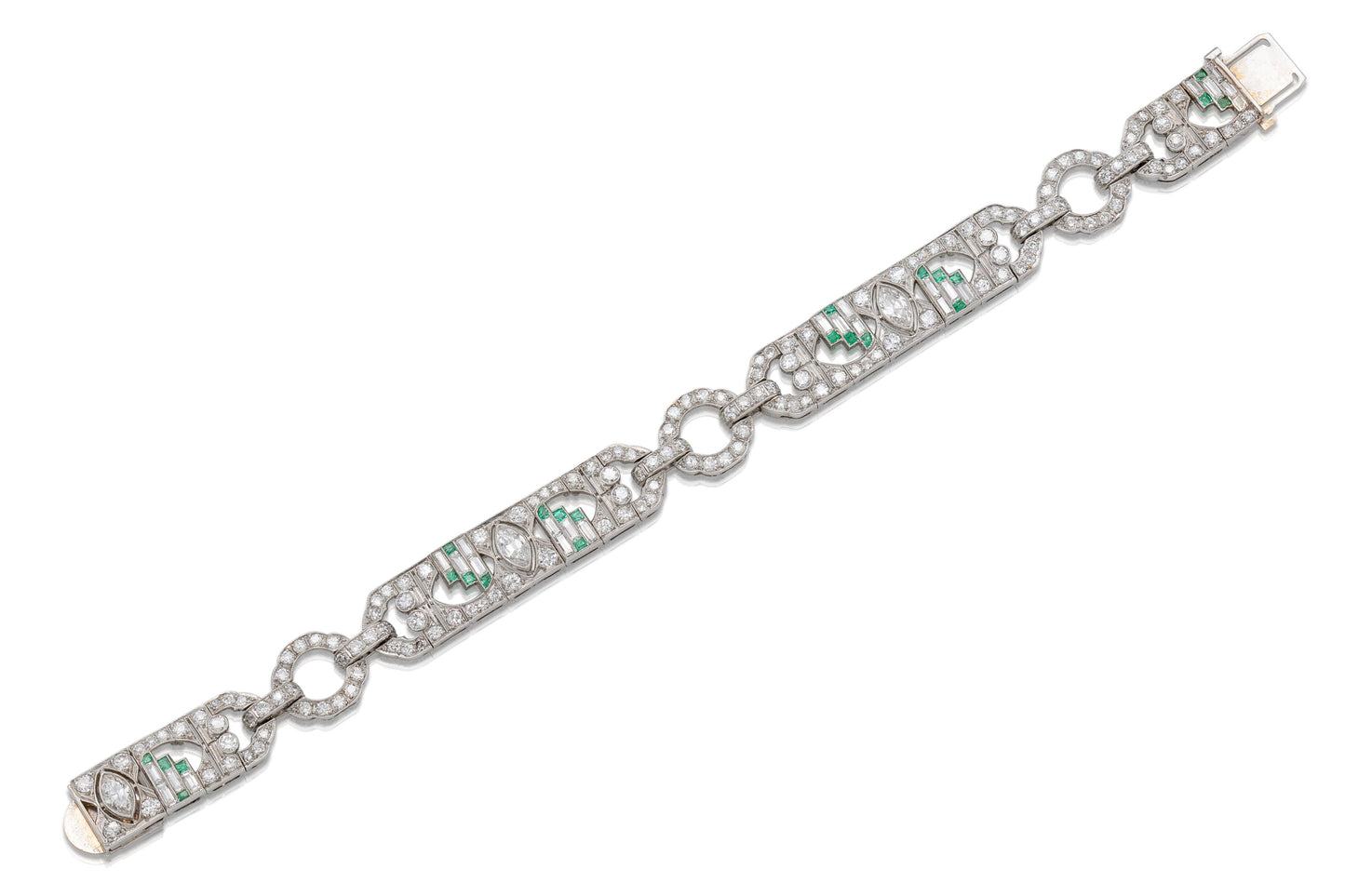 Antique Art Deco 1920s 10.00 Carat Diamond Bracelet with Emeralds