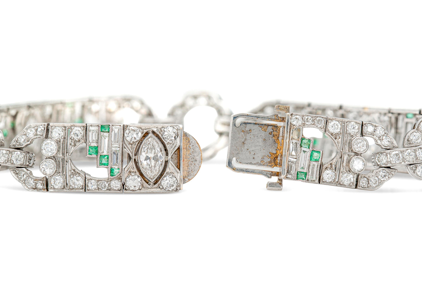 Antique Art Deco 1920s 10.00 Carat Diamond Bracelet with Emeralds