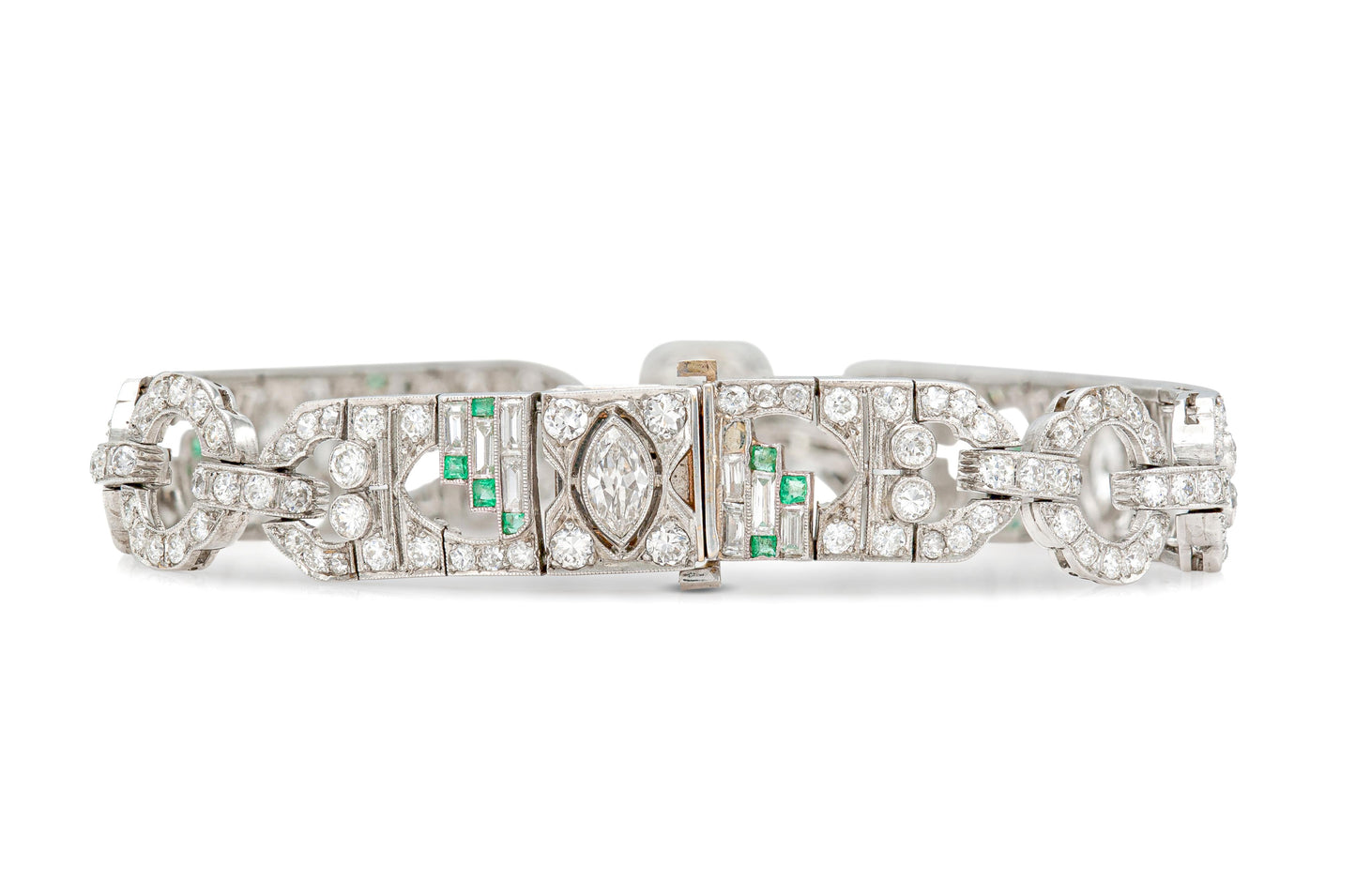 Antique Art Deco 1920s 10.00 Carat Diamond Bracelet with Emeralds