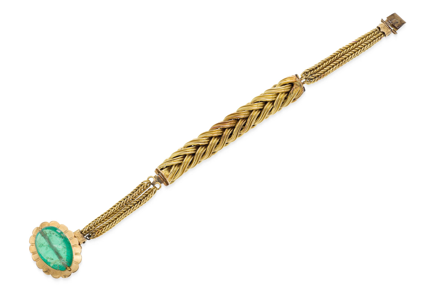 Vintage 1940s 15.00 Carat Cabochon Emerald and Braided Gold Bracelet
