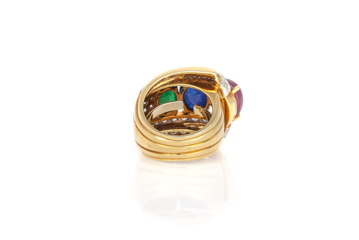 Vintage 1970s David Webb Cabochon Ruby Sapphire and Emerald Ring