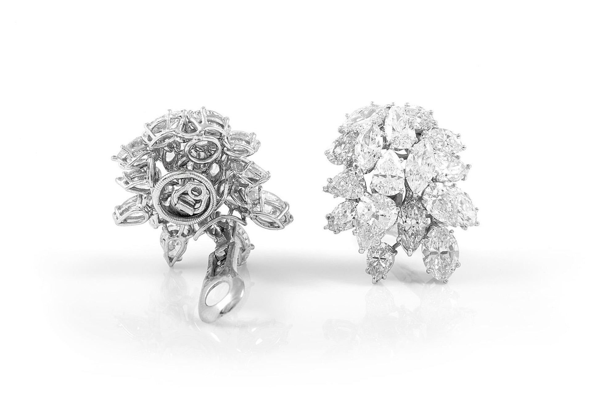 Vintage 1950s 32.00 Carat Pear-Shaped and Marquise Cut Diamond Cluster Earrings