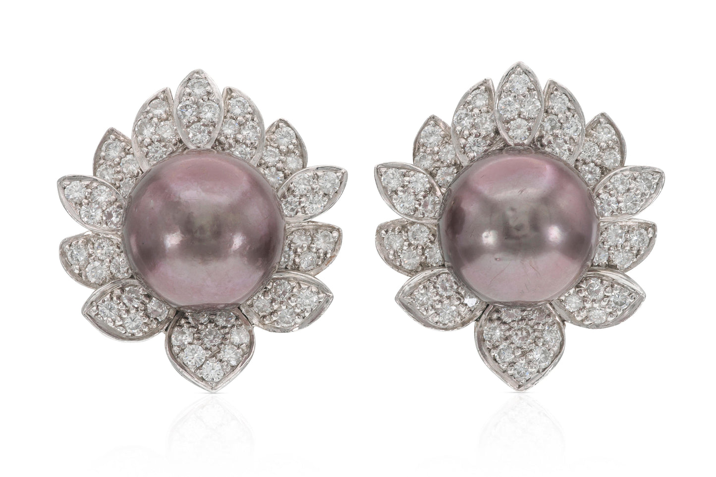 Vintage 1970s Tahitian Pearl Earrings with Diamonds