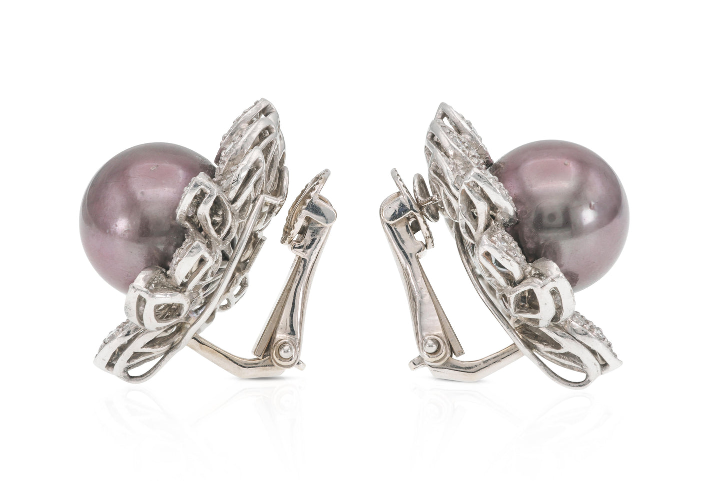 Vintage 1970s Tahitian Pearl Earrings with Diamonds