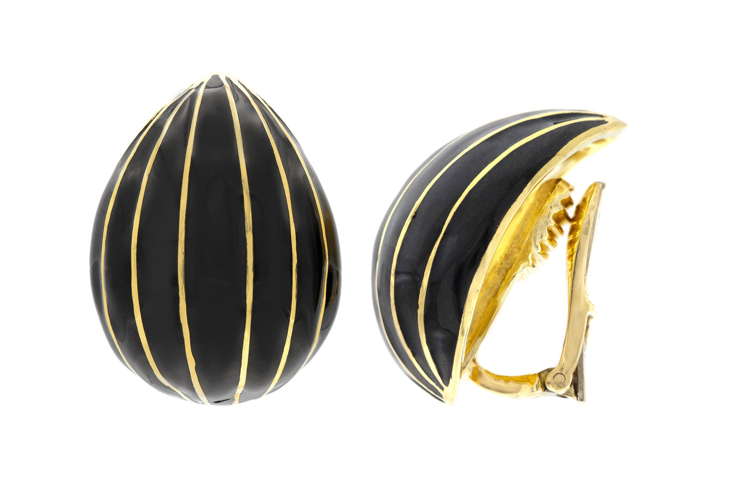 David Webb Black Enamel and Gold Almond Earrings