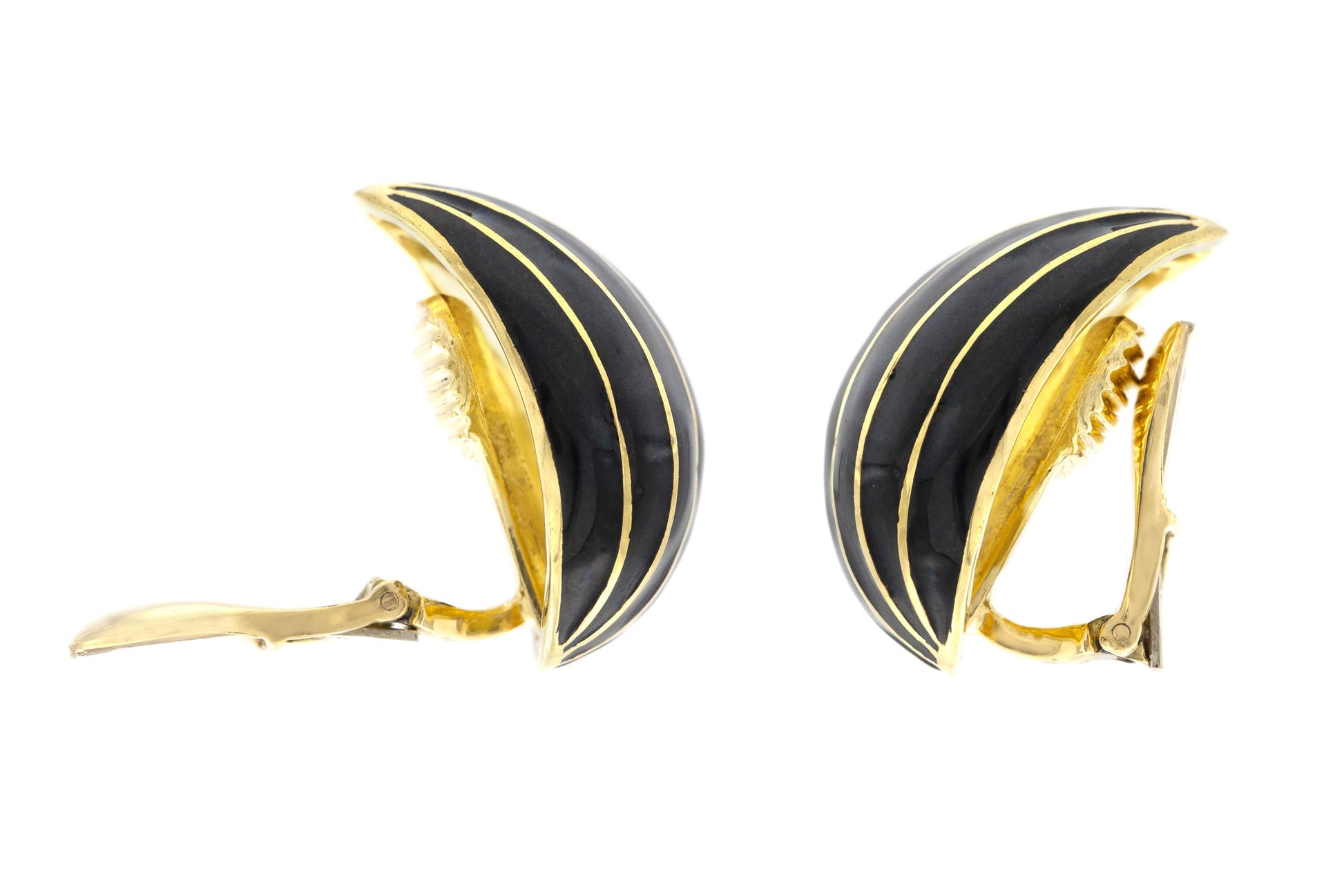 David Webb Black Enamel and Gold Almond Earrings