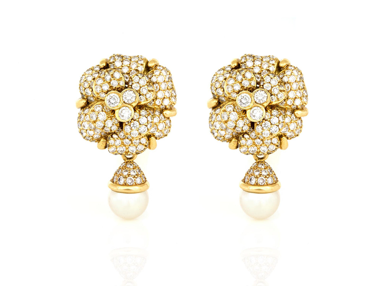 Vintage 1980s Chanel Diamond Camellia Flower Earrings with Pearl Drops