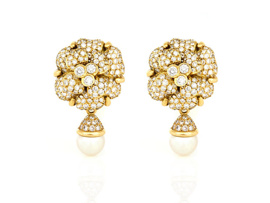 Vintage 1980s Chanel Diamond Camellia Flower Earrings with Pearl Drops