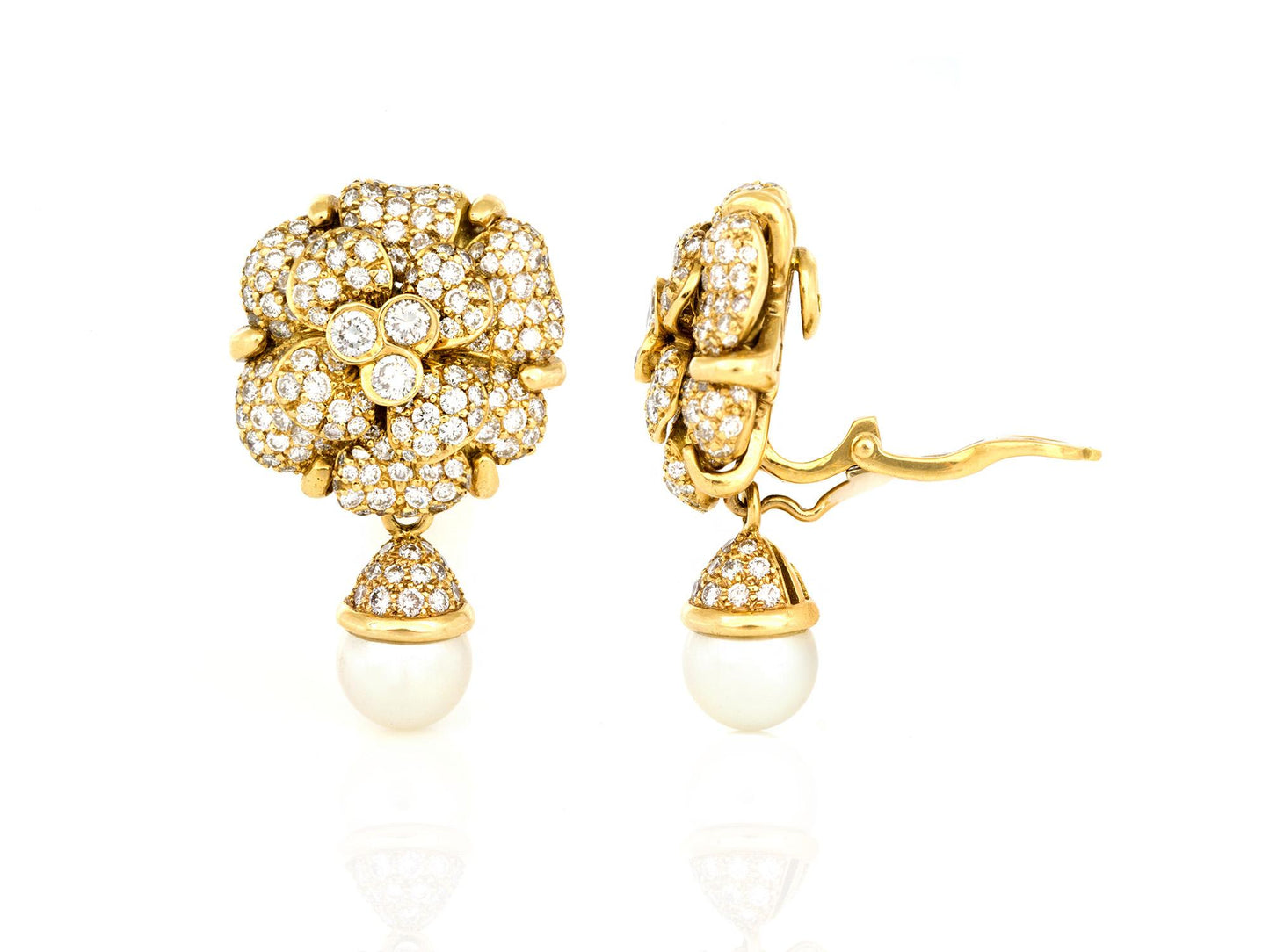Vintage 1980s Chanel Diamond Camellia Flower Earrings with Pearl Drops