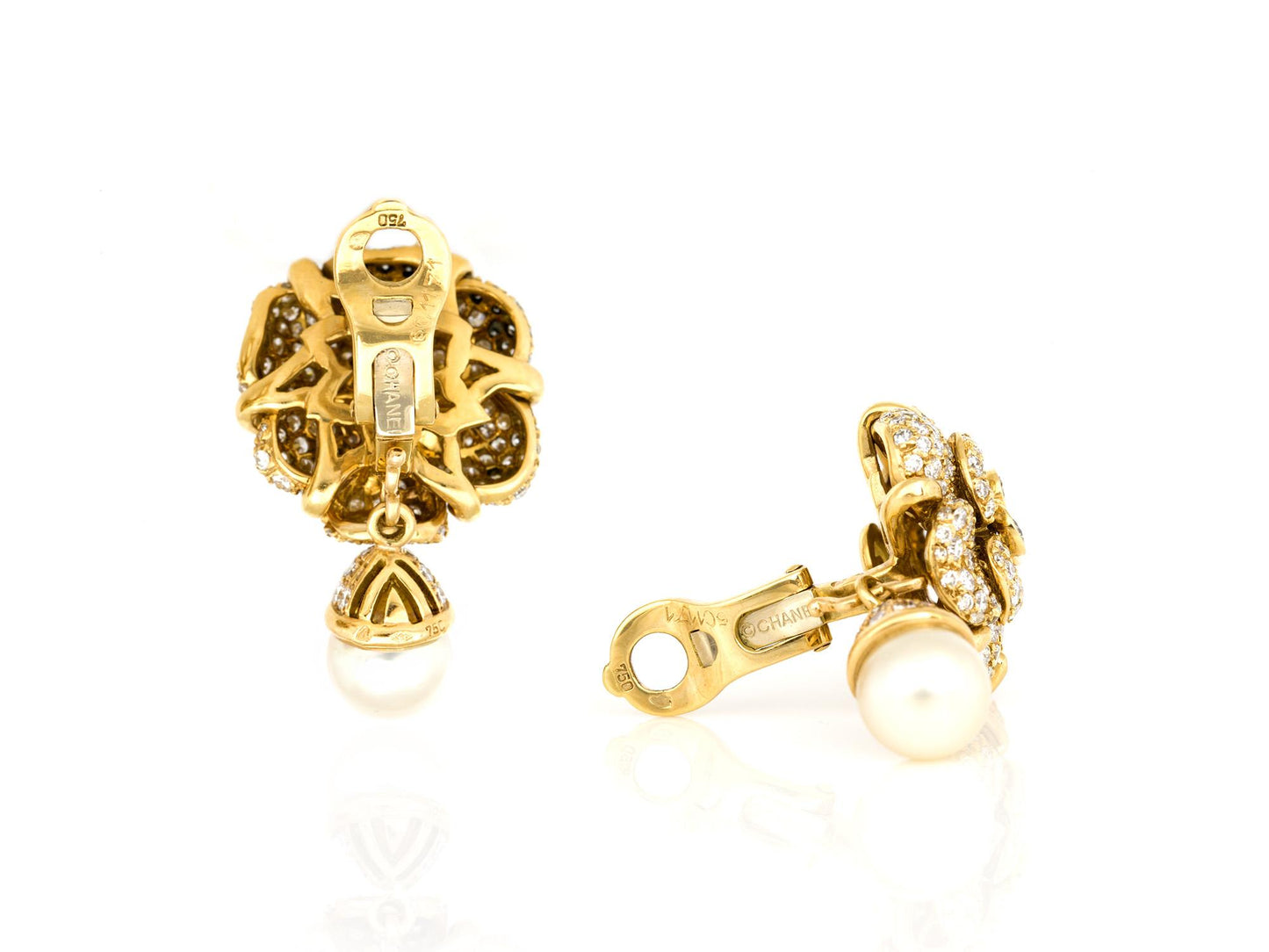 Vintage 1980s Chanel Diamond Camellia Flower Earrings with Pearl Drops