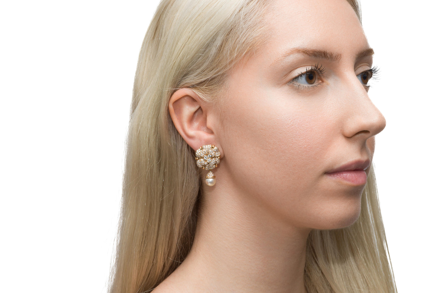 Vintage 1980s Chanel Diamond Camellia Flower Earrings with Pearl Drops