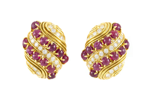 Vintage 1980s Harry Winston Cabochon Ruby and Diamond Earrings