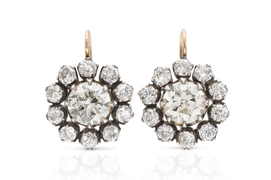 11.33 Carat Old European Cut Diamond Cluster Drop Earrings