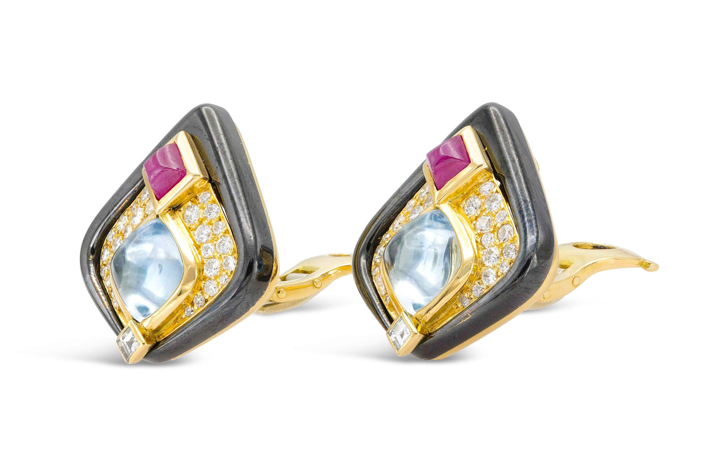 Vintage 1980s Marina B Aquamarine, Ruby, Diamond and Enamel Earrings