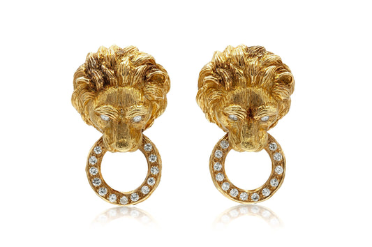 Vintage 1970s Van Cleef & Arpels Lion Head Diamond Door Knocker Earrings