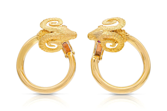 Vintage 1960s Lalaounis Goat Head Hoop Earrings with Rubies