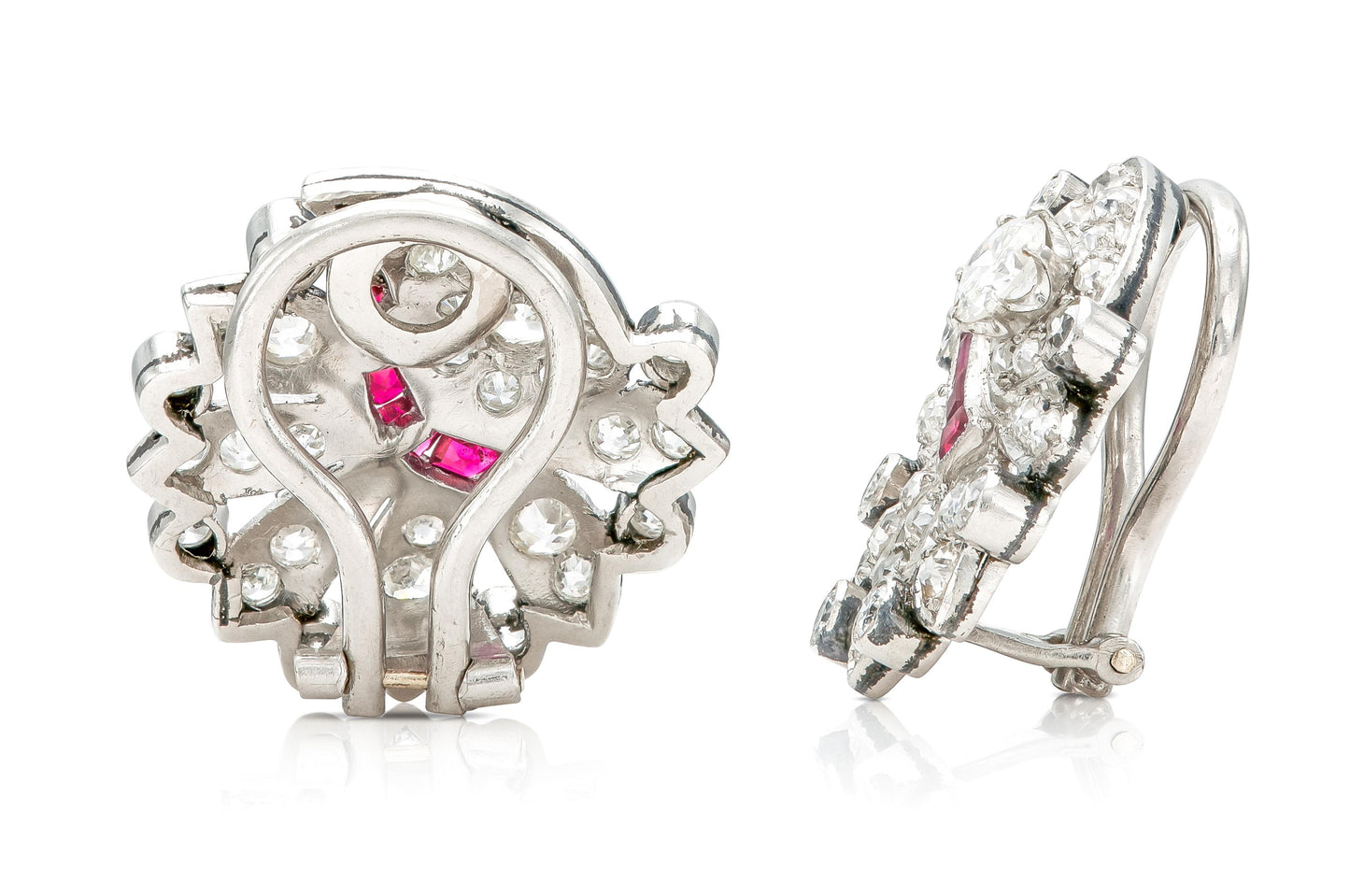 Antique Art Deco 1920s 2.50 Carat Diamond Flower Earrings with Rubies