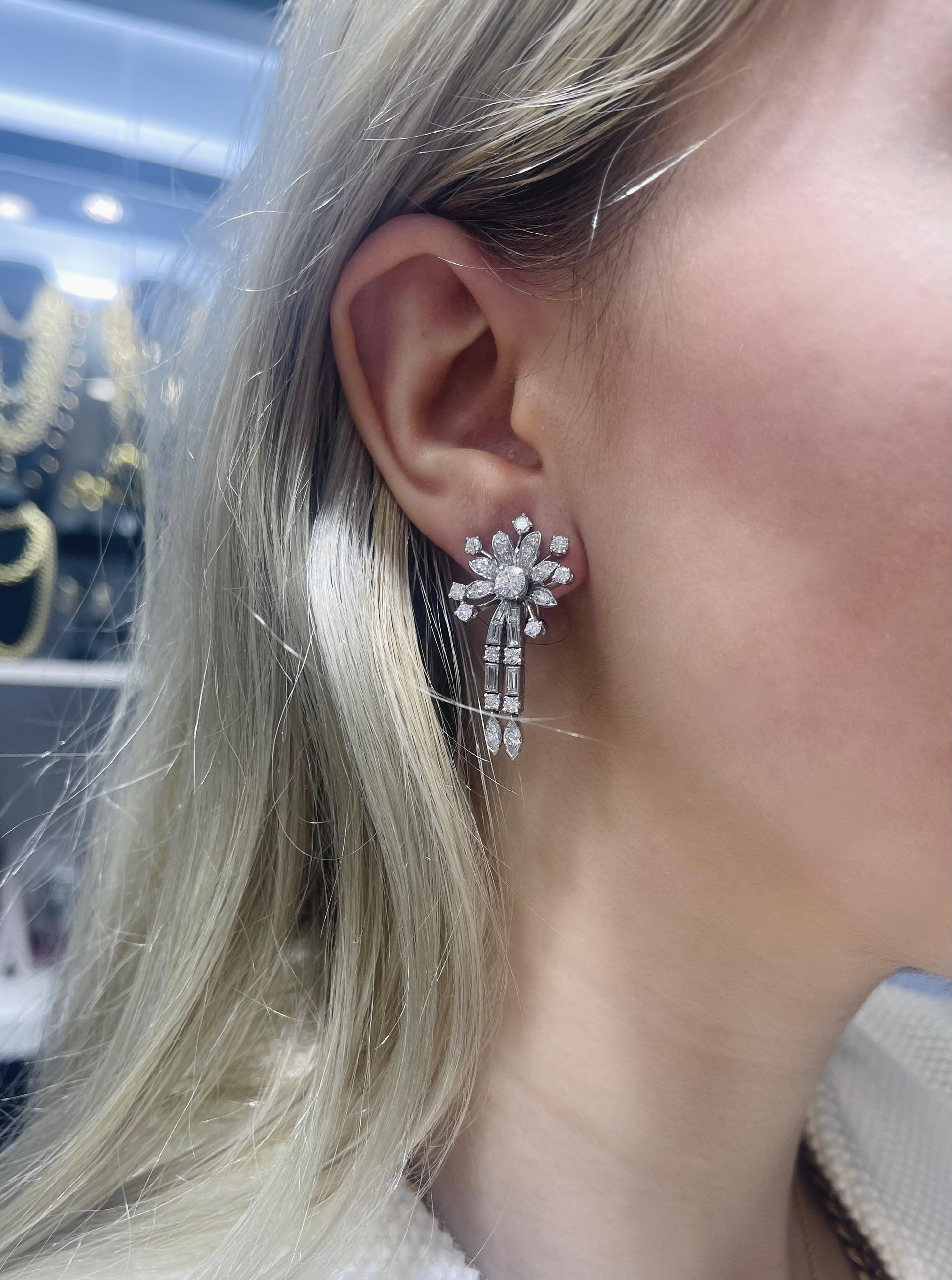 Vintage 1950s Diamond Flowers Earrings