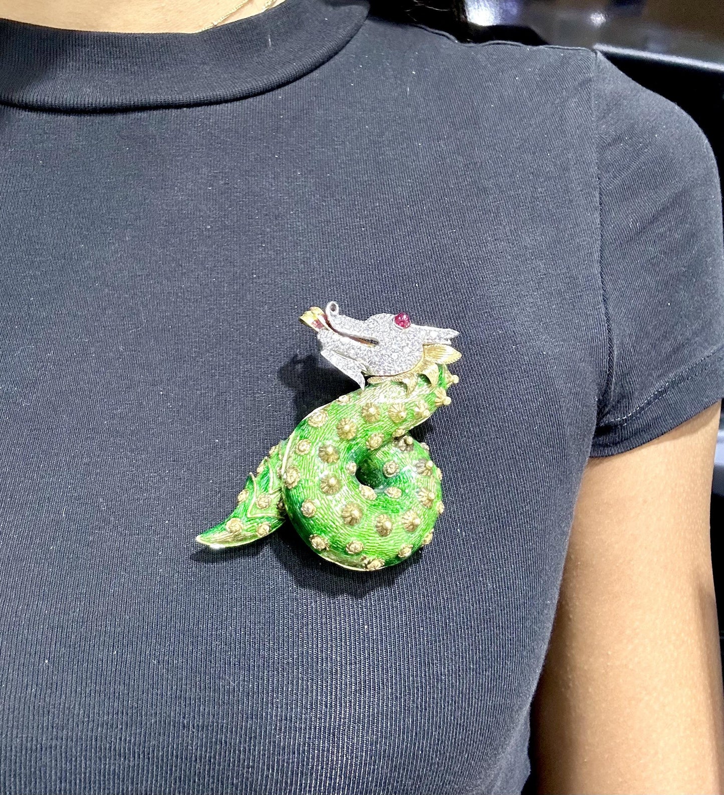 Vintage 1960s Green Enamel Dragon Brooch with Diamonds