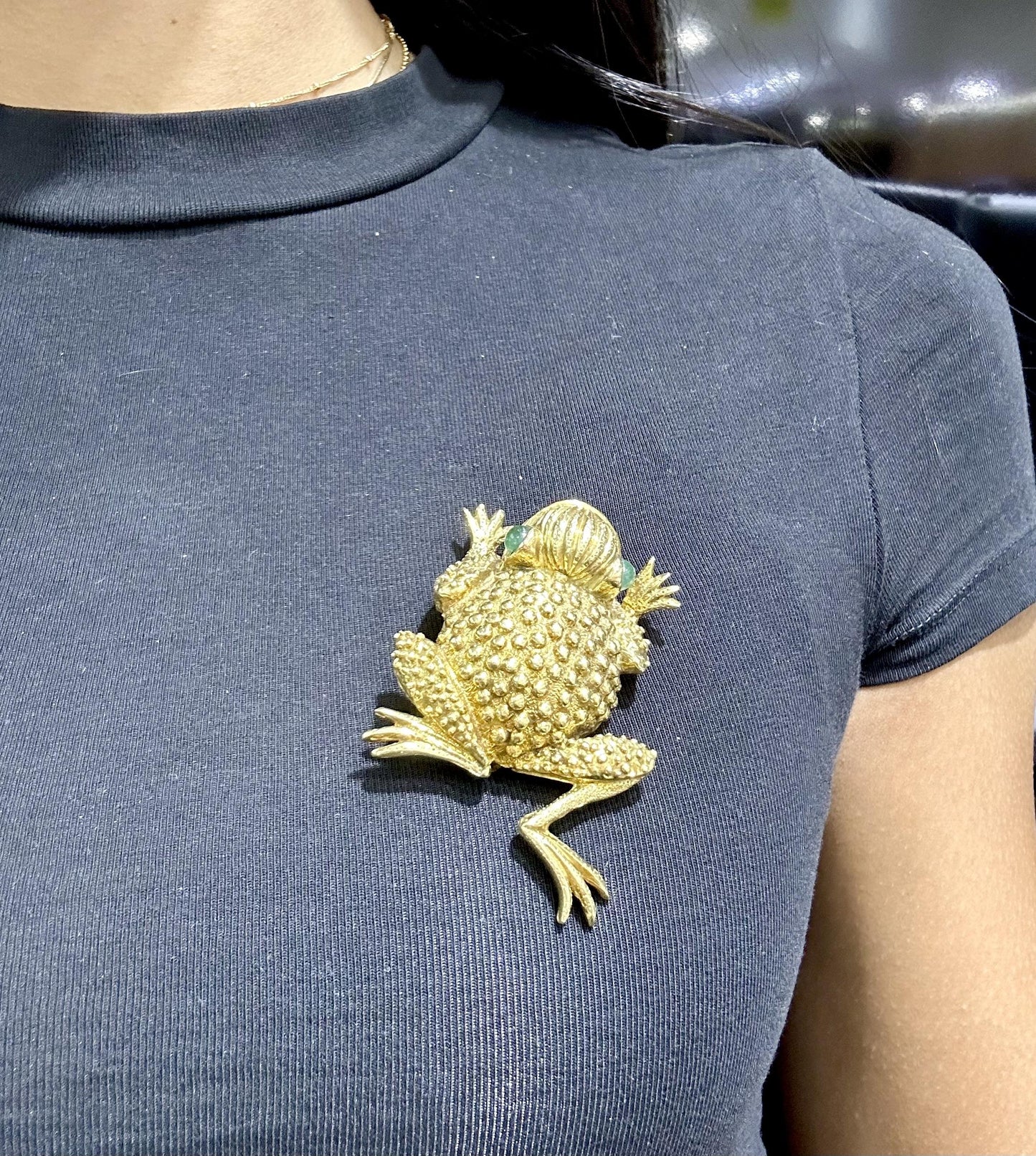 Vintage 1970s Frog Brooch with Emeralds