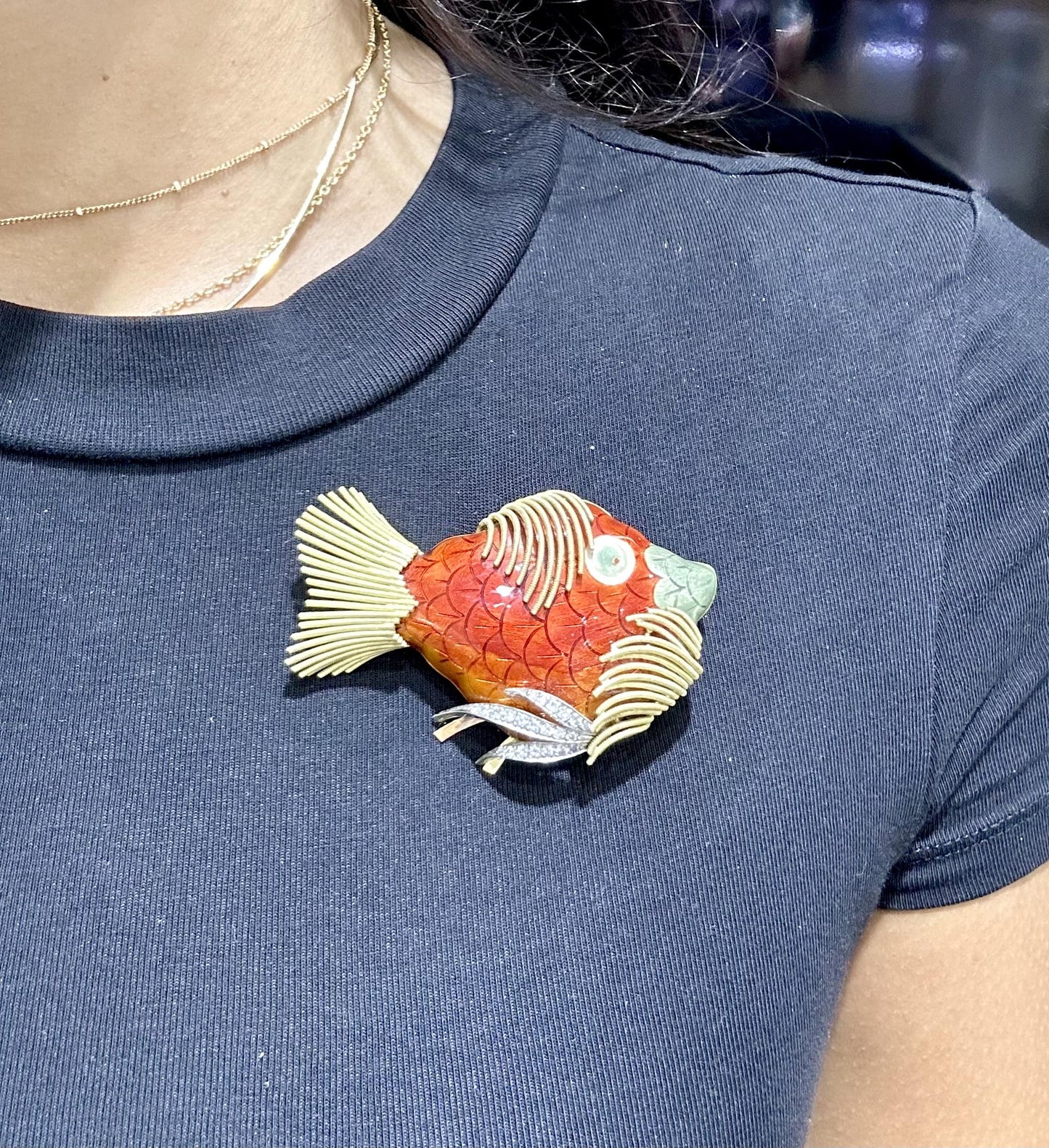 Vintage 1970s Enamel Fish Brooch with Diamonds
