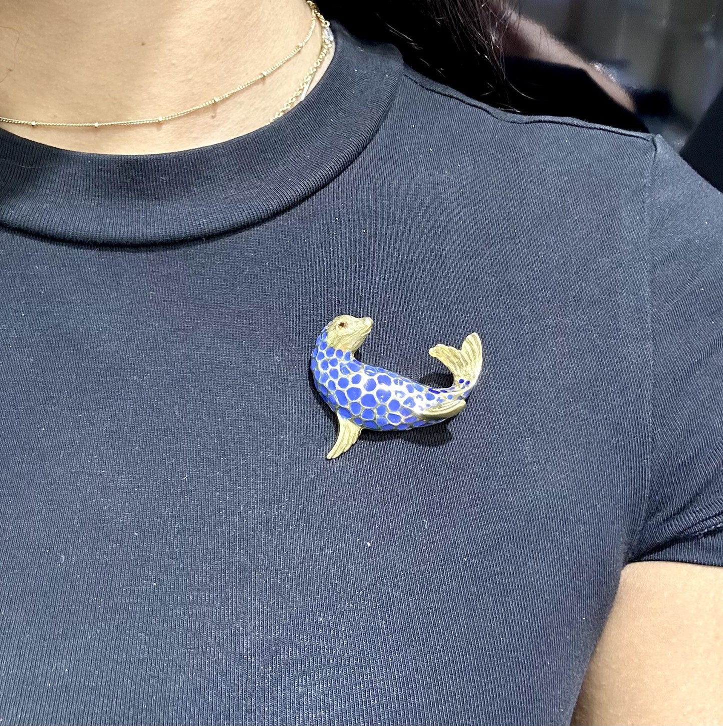 Vintage 1970s Blue Enamel Seal Brooch