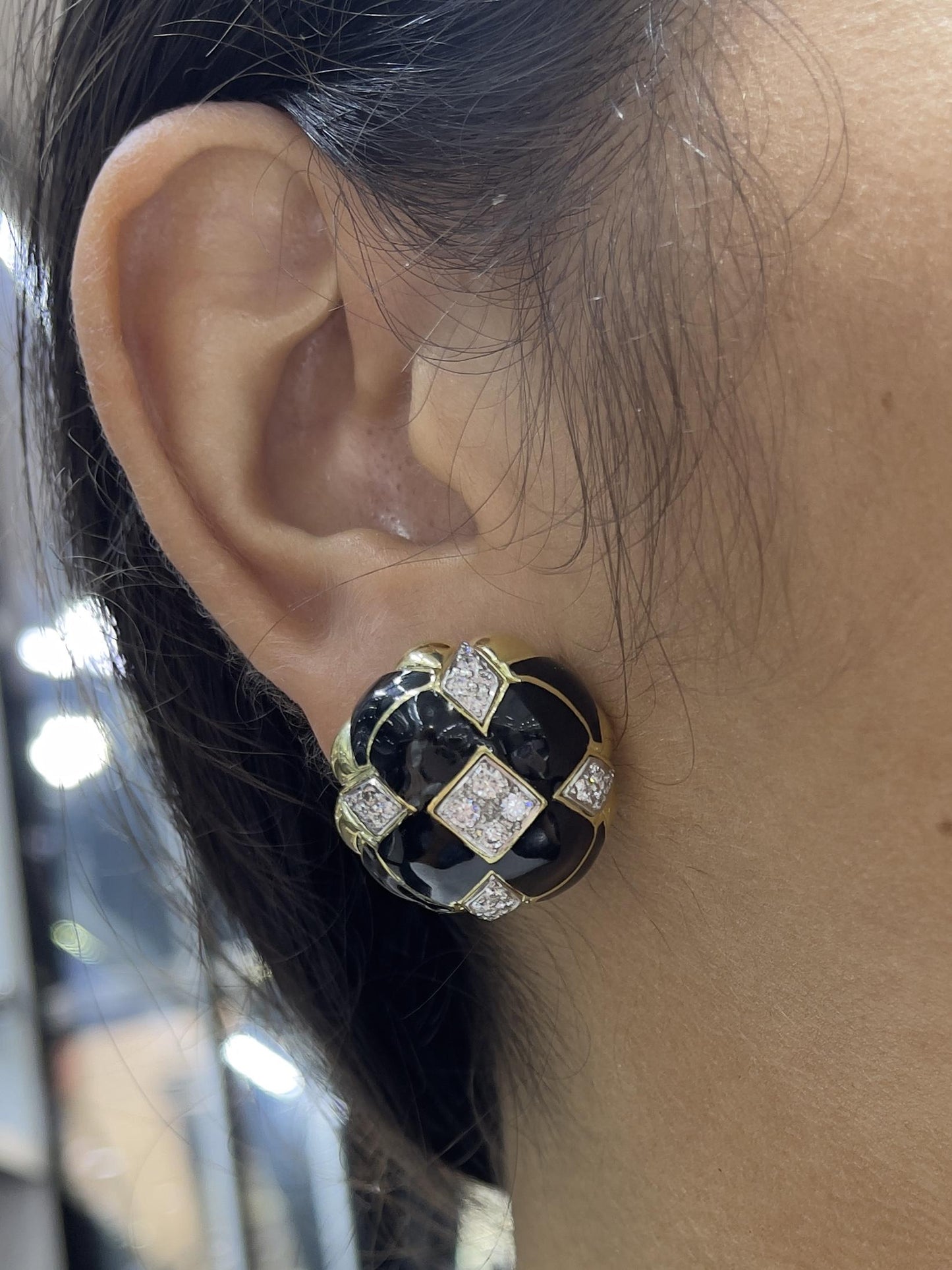 Vintage 1960s David Webb Black Enamel Earrings with Diamonds