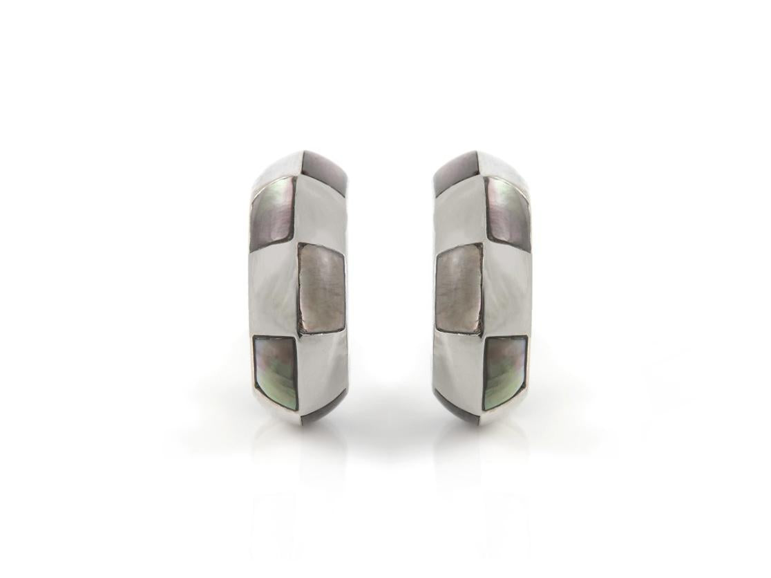 Mauboussin White Gold and Gray Mother of Pearl Checkerboard Huggie Earrings